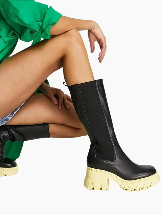 ASOS Boots Chunky Chelsea Knee Length Capricorn Premium Leather Black & Yellow