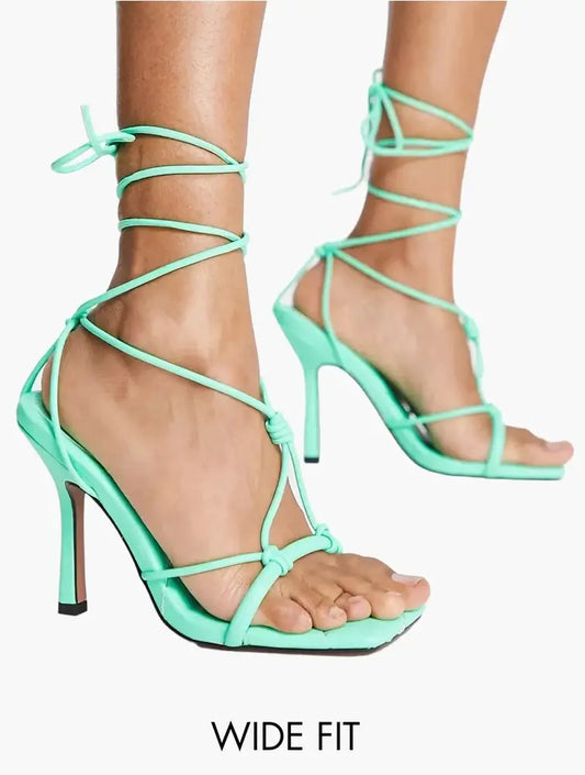 ASOS Sandals Heeled Wide Fit Nifty Tie Leg Light Green