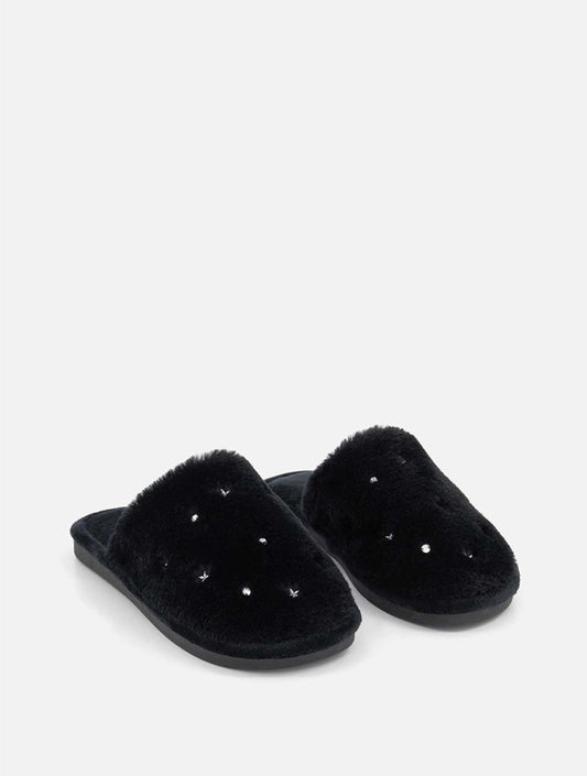 WOOLWORTHS Slippers Mule Faux Fur Embellished Black
