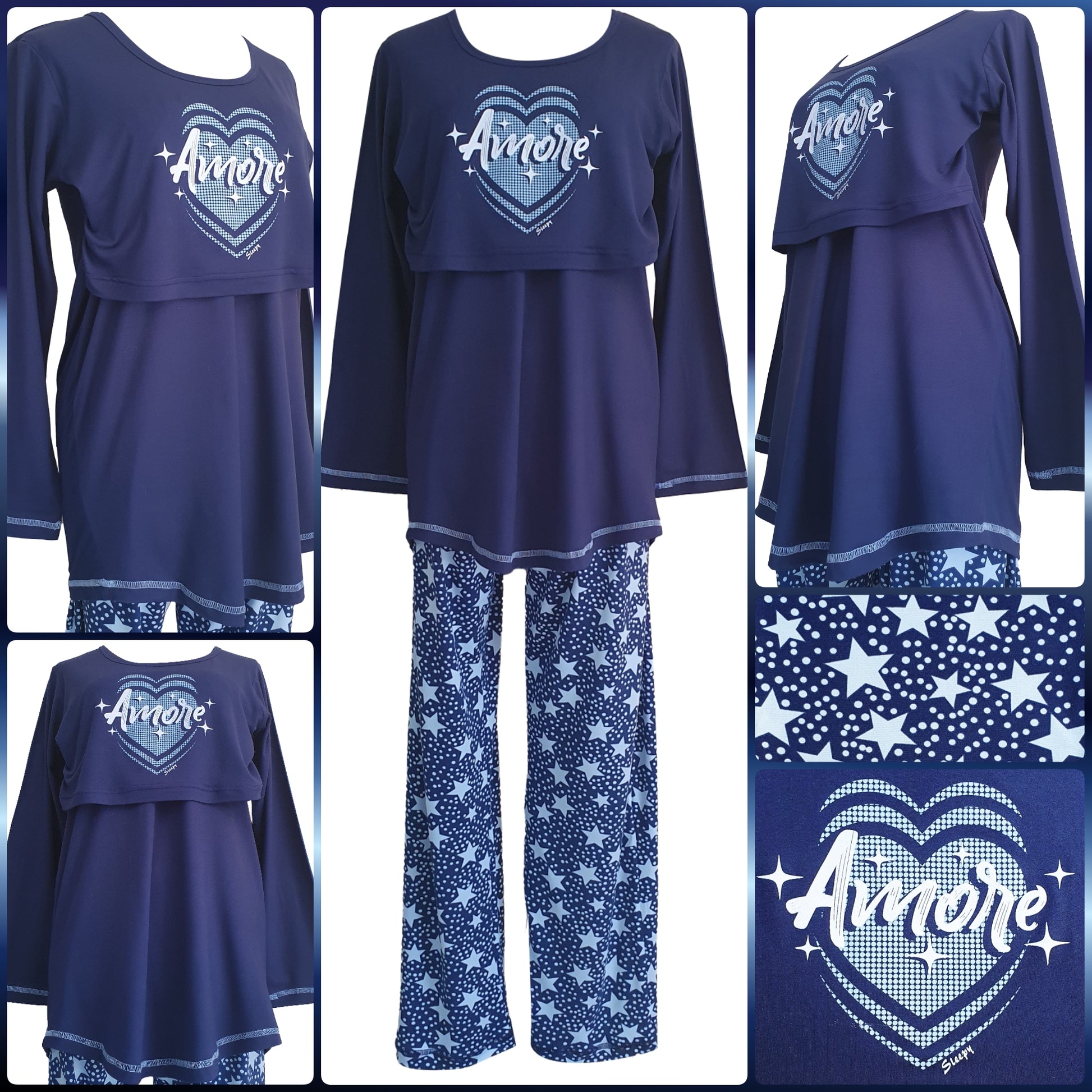 Shop the coziest FS Ladies' Breastfeeding LS in Amore Navy & Powder Blue. Perfect fit, elastic bust, and cute prints for new moms.