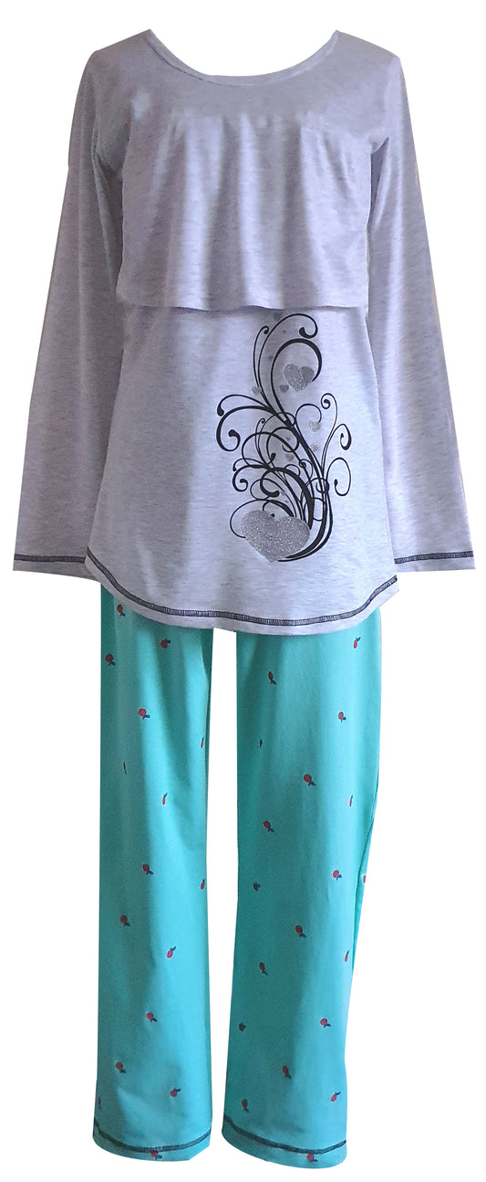 FS Ladies Breastfeeding LS Cherry Heart Dove Mélange & Cyan