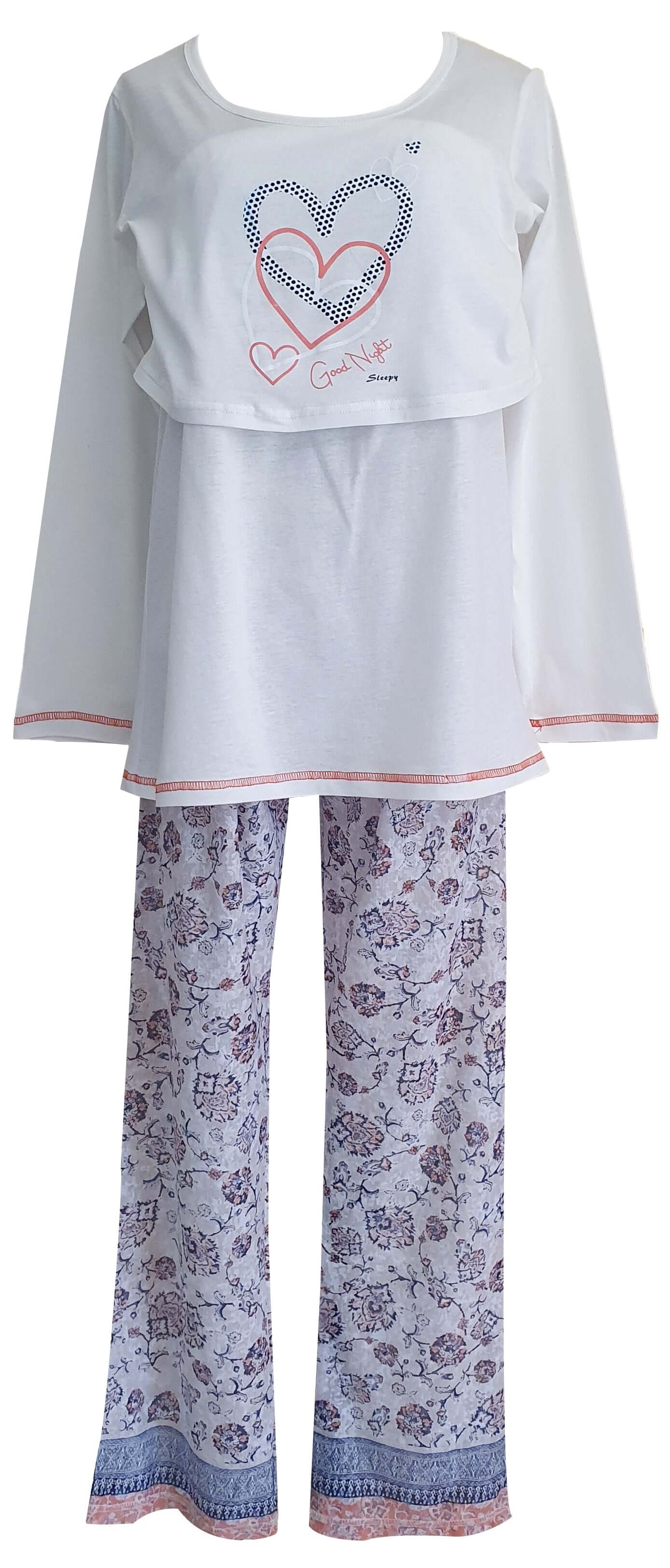 Shop the cozy FS Ladies Breastfeeding Long Sleeve Top in Blue & Coral, designed for comfort with a convenient flap for nursing. Perfect nightwear!