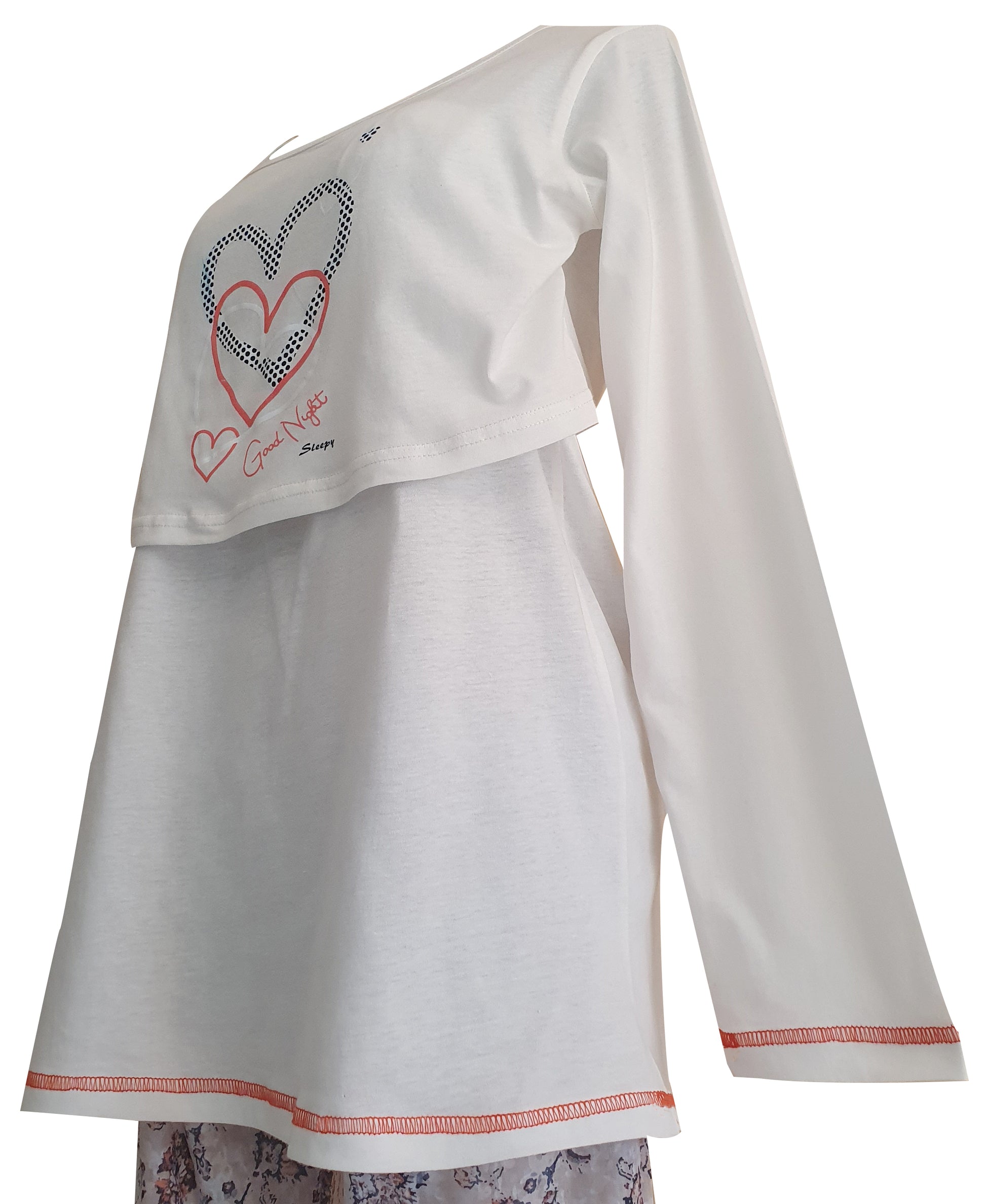 Shop the cozy FS Ladies Breastfeeding Long Sleeve Top in Blue & Coral, designed for comfort with a convenient flap for nursing. Perfect nightwear!