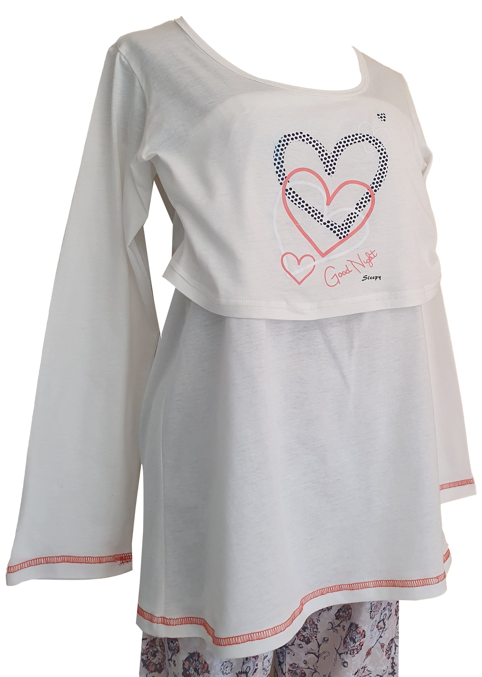Shop the cozy FS Ladies Breastfeeding Long Sleeve Top in Blue & Coral, designed for comfort with a convenient flap for nursing. Perfect nightwear!