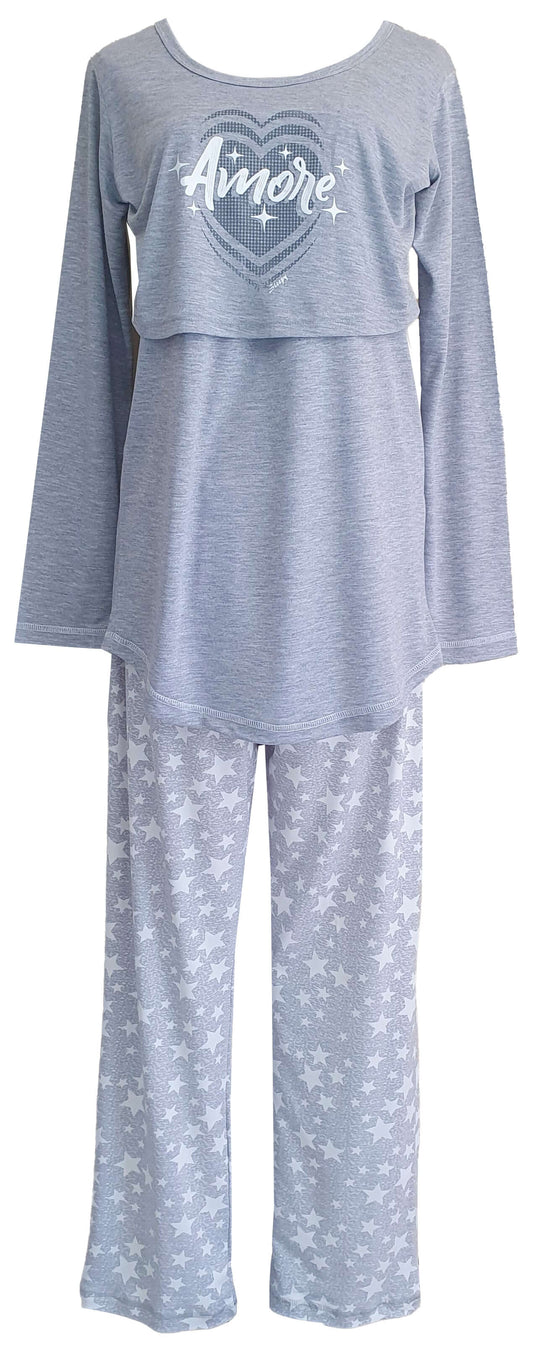 Shop the FS Ladies Breastfeeding LS Amore set in Grey Mélange & White. Comfort meets style with soft fabrics, elastic bust, and chic star print.