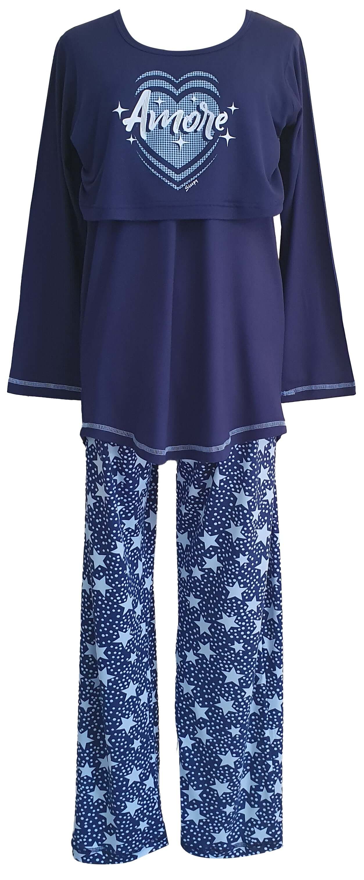 Shop the coziest FS Ladies' Breastfeeding LS in Amore Navy & Powder Blue. Perfect fit, elastic bust, and cute prints for new moms.