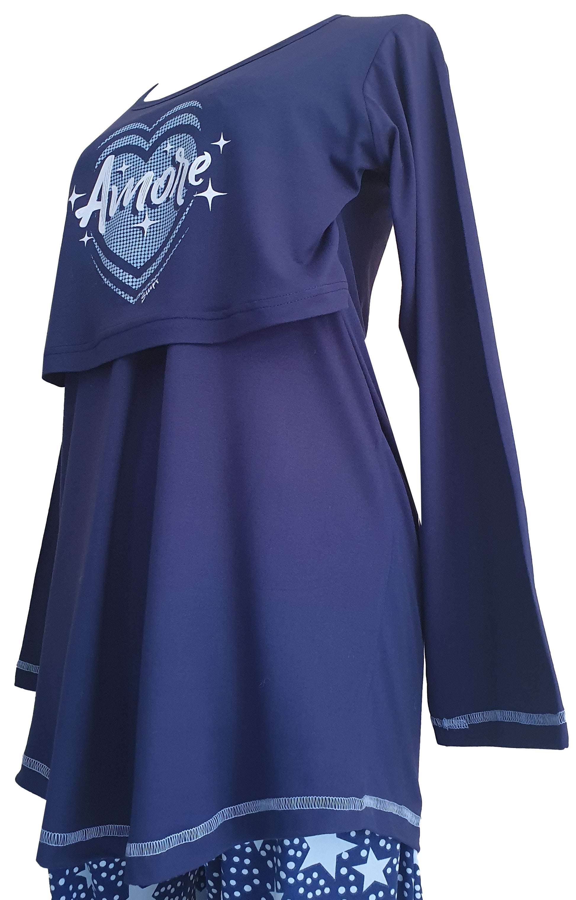 Shop the coziest FS Ladies' Breastfeeding LS in Amore Navy & Powder Blue. Perfect fit, elastic bust, and cute prints for new moms.
