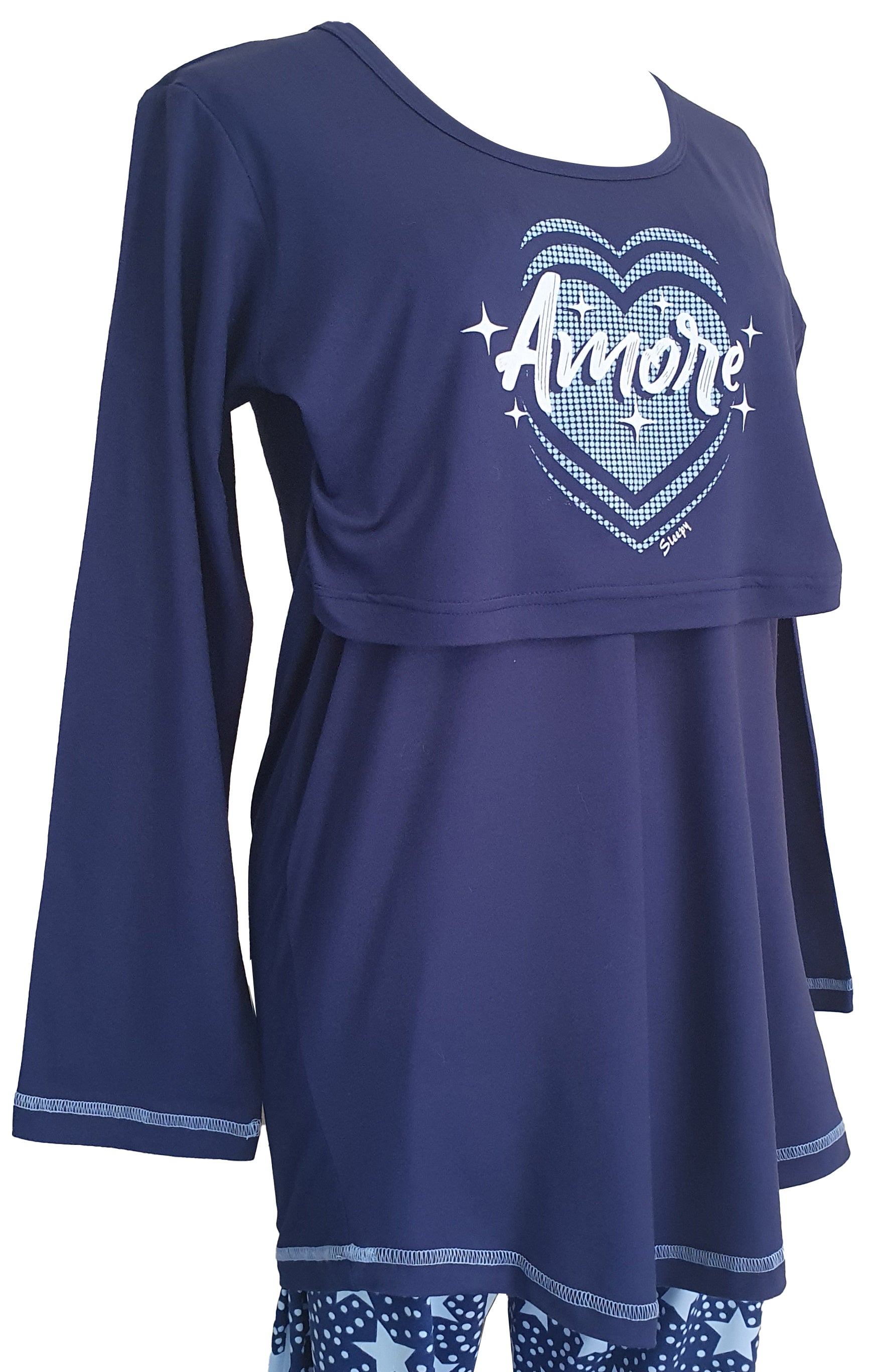 Shop the coziest FS Ladies' Breastfeeding LS in Amore Navy & Powder Blue. Perfect fit, elastic bust, and cute prints for new moms.