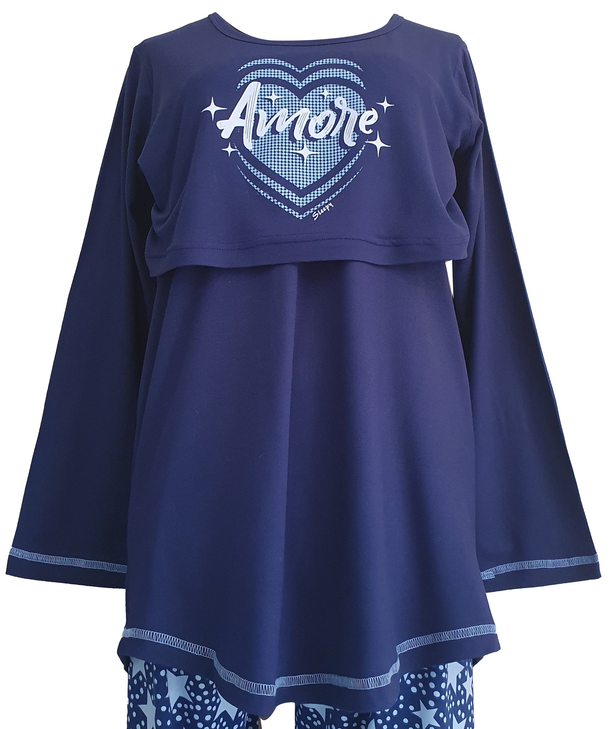 Shop the coziest FS Ladies' Breastfeeding LS in Amore Navy & Powder Blue. Perfect fit, elastic bust, and cute prints for new moms.