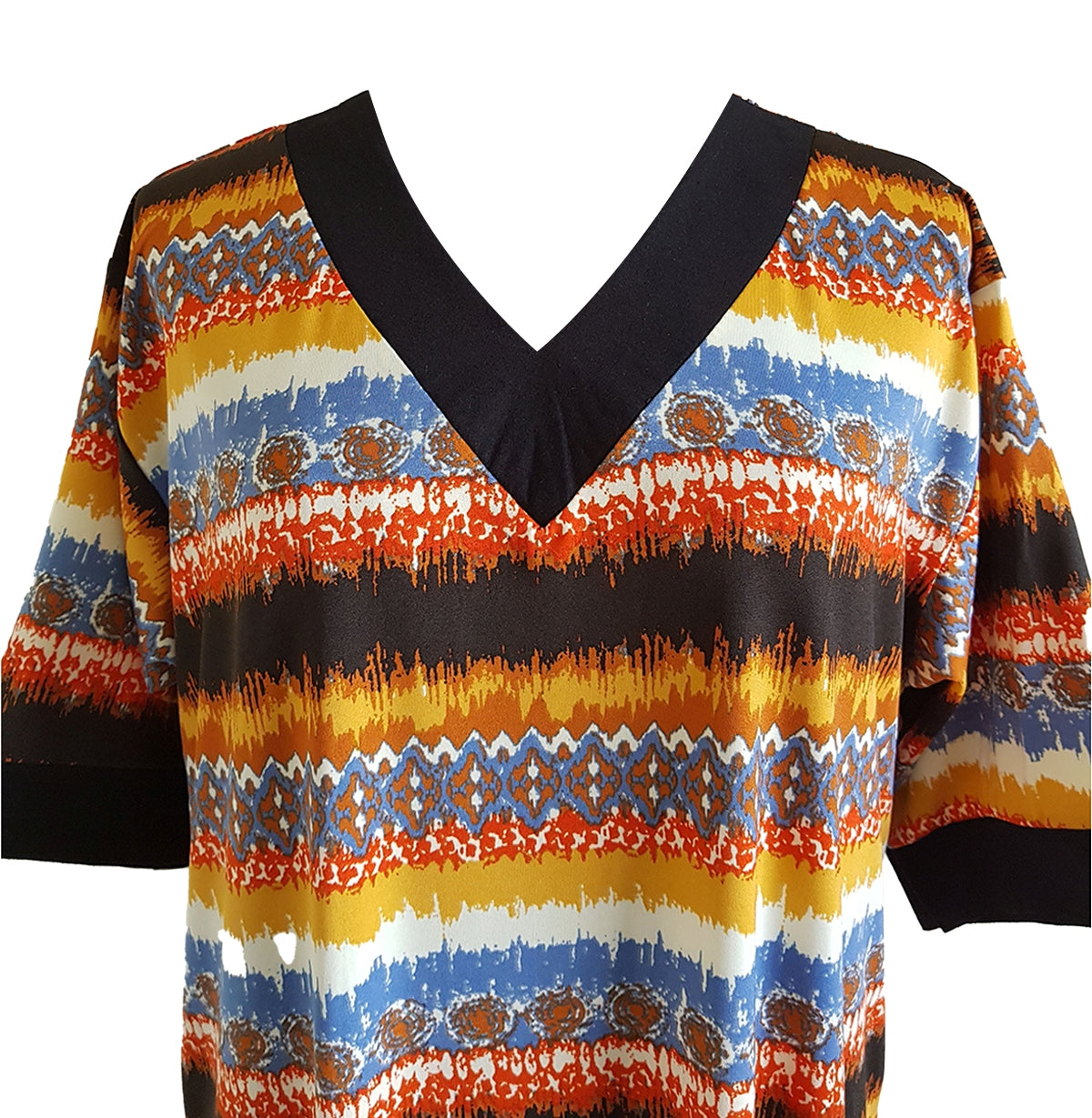 SS Ladies V Neck Gown Stripes Mustard Blue Orange & Black