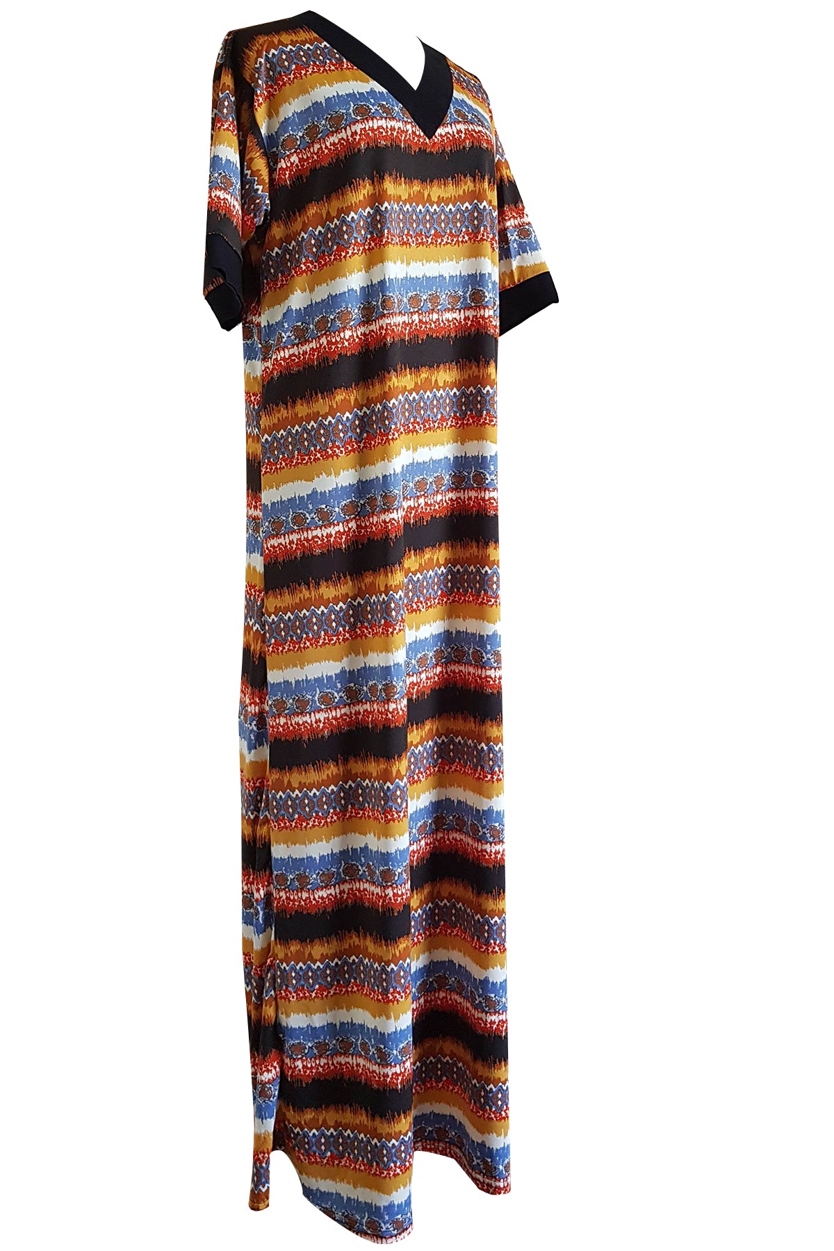 SS Ladies V Neck Gown Stripes Mustard Blue Orange & Black